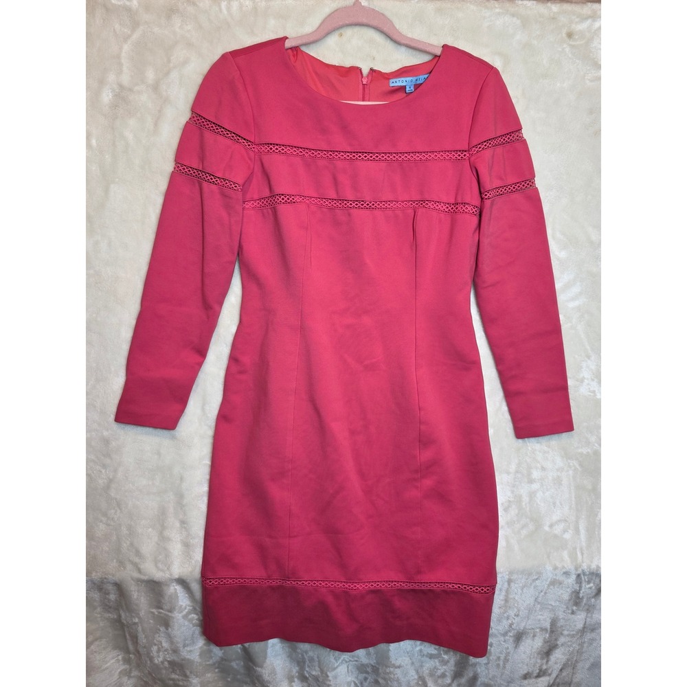 Antonio Melani Coral Pink Ladder Lace Trim‎ Sheath Dress Long Sleeve Size 4